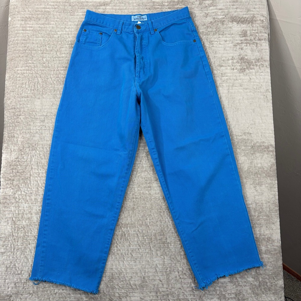 Vintage Guess Georges Marciano Blue High Rise Wide Leg Raw Hem Jeans 33 USA Made